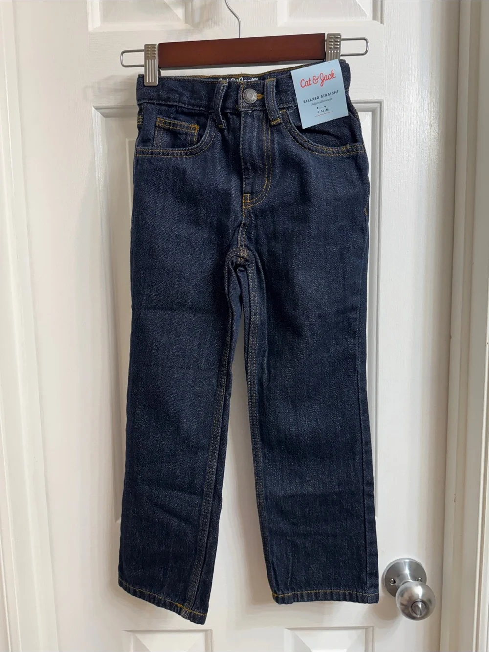 Cat & Jack Kids Relaxed Straight-Leg Blue Jeans, Adjustable Waist Size 6 Slim